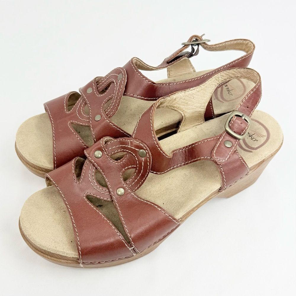 Dansko SINGRID Brown Leather Open Toe Chunky Woodgrain Heel Slingback Sandals - Picture 5 of 12